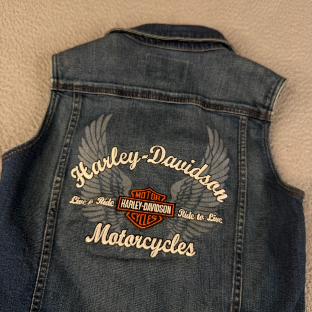 Harley Davidson Denim Vest Women Small Jean Biker Embroidered Wings Stretch Moto